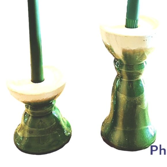 Vintage Pottery Green & White Taper Candle Holders Christmas Wedding Home Decor - Picture 4 of 9